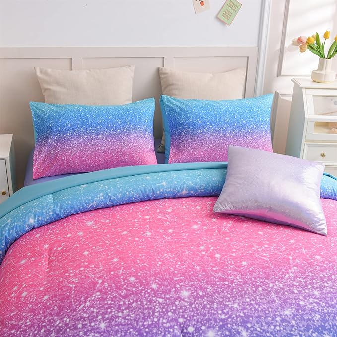 A Nice Night 6Pcs Gradient Glitter Bedding Set for Girls Full Size, Colorful Rainbow Galaxy Comforter Set, Ultra Soft Bedding Sets, Blue