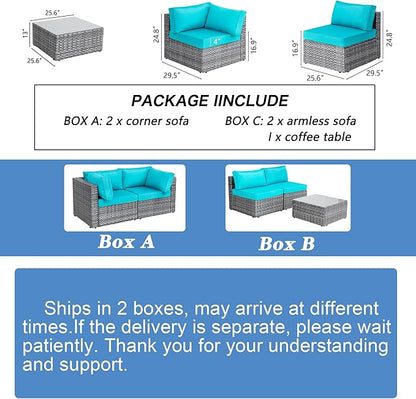 Shintenchi 5 Pieces Outdoor Patio Sectional Sofa Couch, Silver Gray PE Wicker Furniture Conversation Sets with Washable Cushions & Glass Coffee Table for Garden, Poolside, Backyard (Blue)