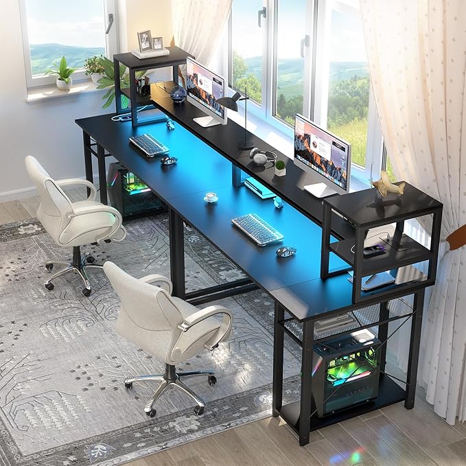 Gaming Desk with Lights & Power Outlets, 39.4' Computer Desk with Shelves, Small Desk for Small Space, Writing Desk with Monitor Stand, Black