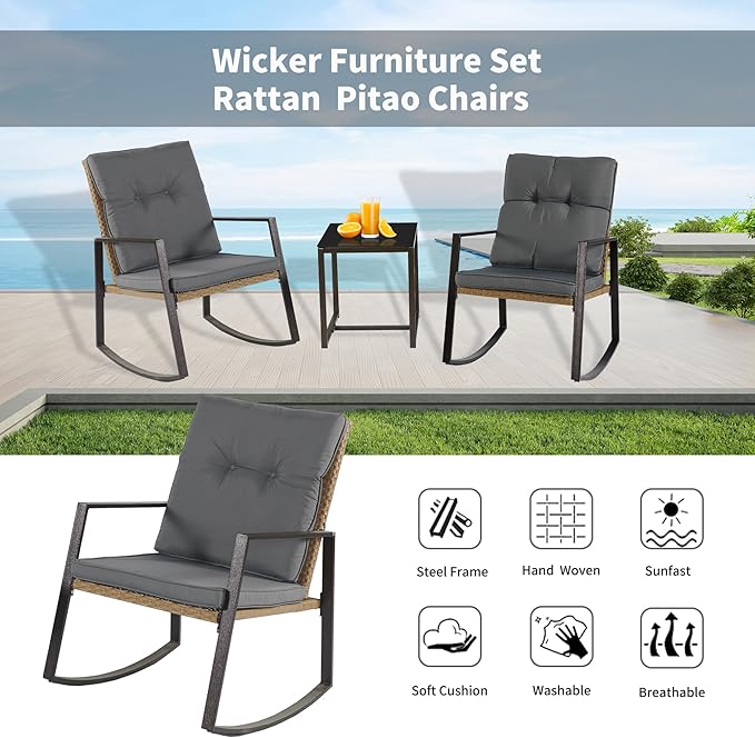 3 Pieces Rocking Chairs Set Balcony Furniture Conversation Sets with Outdoor Table and Chairs,Washable Cushion for Porch,balcony,Garden,Backyard,Poolside Grey