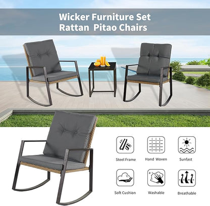 3 Pieces Rocking Chairs Set Balcony Furniture Conversation Sets with Outdoor Table and Chairs,Washable Cushion for Porch,balcony,Garden,Backyard,Poolside Grey