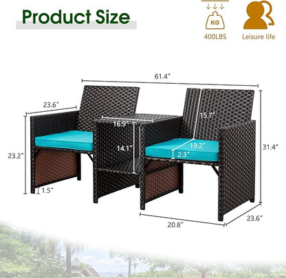 Shintenchi Wicker Patio Conversation Furniture Set with Detachable Chairs & Table and Two Removable Cushions,Rattan Wicker Lover Chair for Patio,Garden, Courtyard and Lawn Backyard (Blue)