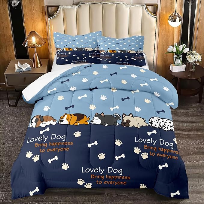 Cute Cartoon Dog Comforter Set 3Pcs Full Comforter Set for Boys Lovely Puppy Patterns Bedding Set Fun Animal Lover Comforter Lovely Dog Paw Bones Quilt with 2 Pillowcases, Full Size