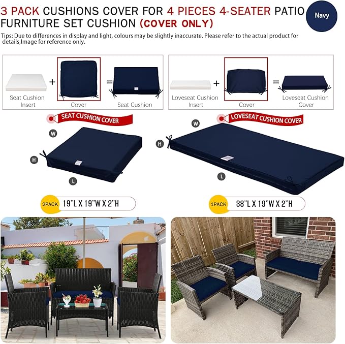 ClawsCover 3Pack Outdoor Seat Cushions Replacement Covers Fit for 4 Pieces Wicker Rattan Furniture Patio Conversation Set Loveseat Chair,38x19x2,19x19x2,Navy-Large (Include Cover Only)