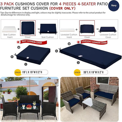 ClawsCover 3Pack Outdoor Seat Cushions Replacement Covers Fit for 4 Pieces Wicker Rattan Furniture Patio Conversation Set Loveseat Chair,38x19x2,19x19x2,Navy-Large (Include Cover Only)