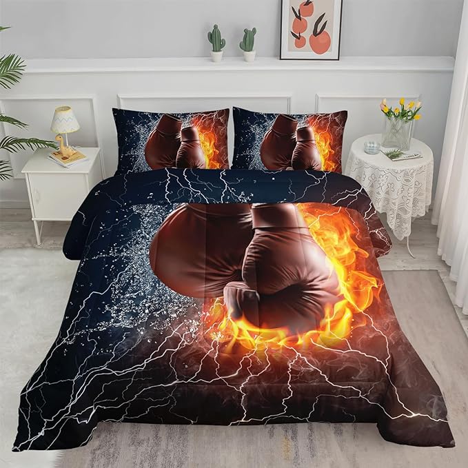 Axolotl Boxing Bedding Set Twin,Sports Theme Comforter Set Boxing Gloves Pattern Bedding Set,Red Blue Cool Lightning Comforter Pugilism Games Bedding Set for Kids Boys Teens Men,1 Quilt 2 Pillowcases