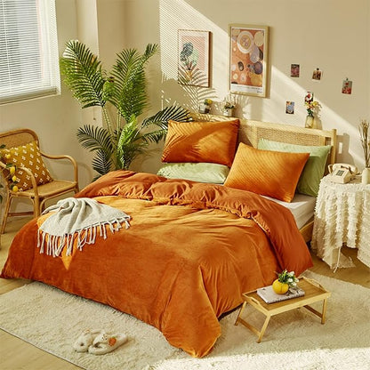 Burnt Orange Color Velvet Comforter Set Cal King Solid Rust Color Flannel Velvet Bedding Comforter Set All Caramel Colour 3 PCs Shaggy Soft Warm and Durable Flannel Blanket Cal King