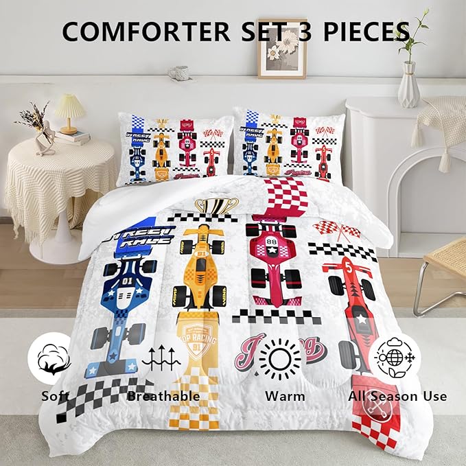 Axolotl Racing Car Comforter Set Full Size,Colorful Sports Car Bedding Set for Kids Boys Teen Adult,Extreme Speed Race Bedding Sets Car Theme Bedroom Decor with 1 Comforter and 2 Pillowcases