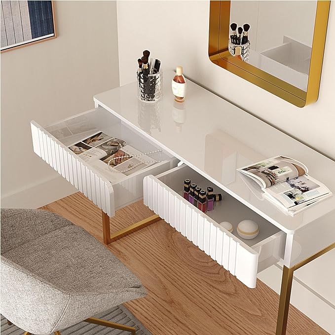 Elegant Modern Desk, 2 Drawers, Gold Legs, 43.3x15.75 inches, Home Office, Makeup Vanity, Computer, Writing, Study, Entryway, Sofa Table