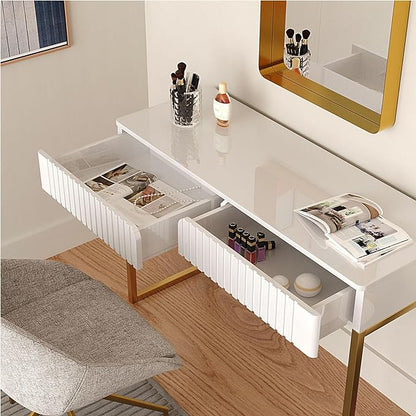 Elegant Modern Desk, 2 Drawers, Gold Legs, 43.3x15.75 inches, Home Office, Makeup Vanity, Computer, Writing, Study, Entryway, Sofa Table