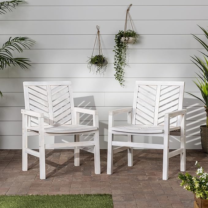 Walker Edison AZWC2VINWW Avalon Chevron Solid Acacia Wood Outdoor Chair, White Wash