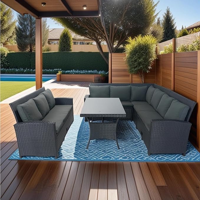 5 Pieces Outdoor Rattan Patio Furniture Sectional, Seater Conversation Set with 3 Storage Under Seat Wicker + Dark Grey Cushion for Backyard, Deck, Poolside, Zl-Black