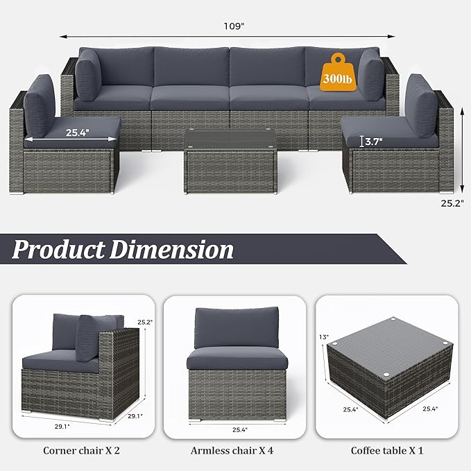 SUNVIVI OUTDOOR 7 Piece Patio Furniture Sets All Weather Gery PE Wicker Couch Sofa with Glass Table, Removable Dark Grey Cushions