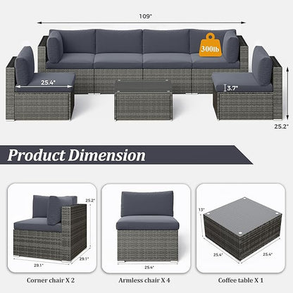 SUNVIVI OUTDOOR 7 Piece Patio Furniture Sets All Weather Gery PE Wicker Couch Sofa with Glass Table, Removable Dark Grey Cushions
