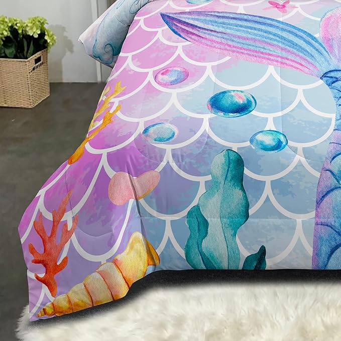 NINENINE Mermaid Bedding Sets,Girls Comforter Sets Queen, Princess Bedding Queen,Mermaid Comforter Ocean Fish Scales Bedding Sets with 1 Comforter 2Pillowcases