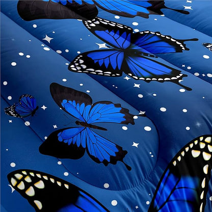 Blue Butterfly Comforter, Butterfly Bedding Set for Girls, Blue Butterflies with Sparkle Stars Prints Comforter Set for Women Girls Butterfly Bedding Full Size Quilt Set, 1 Comforter + 2 Pillowcases