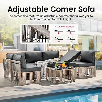 Pamapic 7 Pieces Outdoor Sectional Set, All-Weather PE Rattan Patio Conversation Set, Wicker Adjustable Patio Furniture Set with Washable Cushions Covers and Coffee Table, Brown Rattan, Gray Cushion