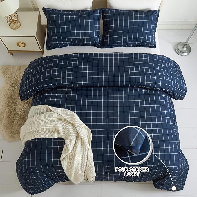 Andency Navy Grid Comforter Set Twin Size (66x90 Inch), 2 Pieces(1 Grid Comforter and 1 Pillowcase), Summer Lightweight Microfiber Down Alternative Navy Comforter with White Lines for Kids Girls