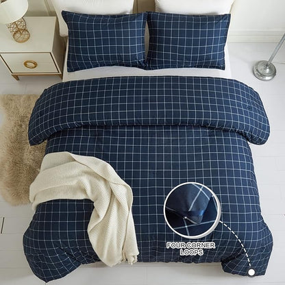 Andency Navy Grid Comforter Set Twin Size (66x90 Inch), 2 Pieces(1 Grid Comforter and 1 Pillowcase), Summer Lightweight Microfiber Down Alternative Navy Comforter with White Lines for Kids Girls