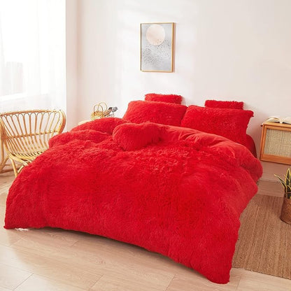 Fluffy Red comforters Cover twin size - Ultra Soft Plush red bedding Sets 2 Pieces (1 faux fur comforter Cover + 1 fuzzy pillow case) girls shaggy red twin bed set (Red, Twin)