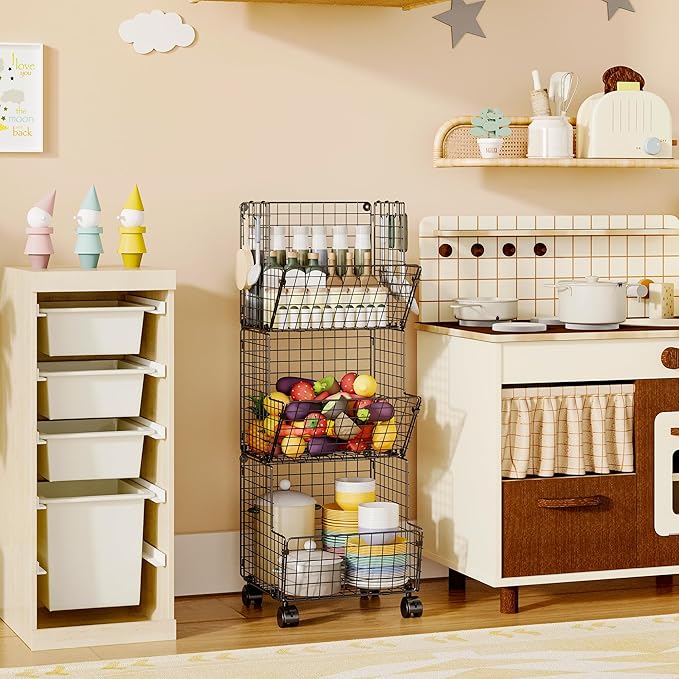3 Tier Metal Wire Baskets - Toy Organizer Basket Shelf with Wheel, S-Hooks, Rolling Cart Hanging Storage Baskets for Child Room, Playroom, Bedroom, Kitchen (Black)