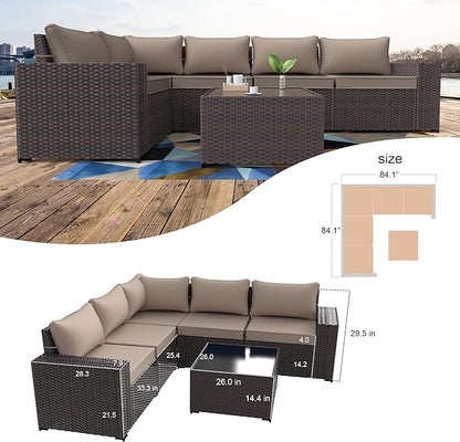 Kullavik 6PCS Outdoor Patio Furniture Set PE Wicker Rattan Sectional Sofa Patio Conversation Sets,Khaki