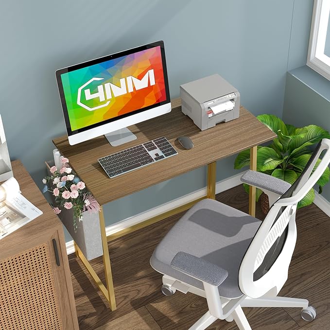 4NM 31.5" Small Desk with Storage Bag, Simple Assembly Folding Computer Desk Home Office Desk Study Writing Table for Small Space Offices - Brown and Golden