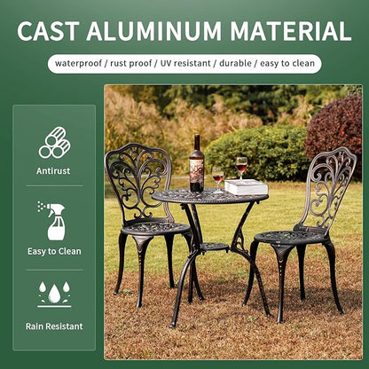 3 Piece Patio Set Metal Bistro Set,Cast Aluminum Outdoor Bistro Table and Chairs Set of 2 with Umbrella Hole,All Weather Patio Bistro Sets for Front Porch Set Garden,Backyard(Bronze)