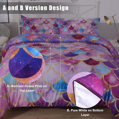 ENCOFT Girls Comforter Sets Full Size, Pink and Purple 3D Mermaid Scale Comforter Set 3 Pieces with Pillow Shams, No Sheet, Full Size Kids Bedding Set, Girls Bedroom Decor