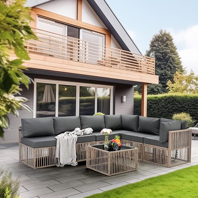 Pamapic 7 Pieces Outdoor Sectional Set, All-Weather PE Rattan Patio Conversation Set, Wicker Adjustable Patio Furniture Set with Washable Cushions Covers and Coffee Table, Brown Rattan, Gray Cushion