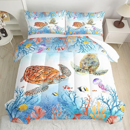 CVHOUSE Sea Turtle Comforter Set,Ocean Watercolor Sea Turtle Bedding Set for Kids Teens,Ocean Sea Turtle Comforter Sea Turtle Duvet Set Room Decor Quilt Set Queen Size