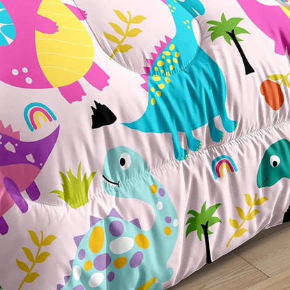 Dinosaur Bedding Full Size, Cute Girls Bedding Dinosaur Comforter Set for Girls Soft Breathable Cartoon Dino Quilt Kids Bedding Set for All Season, 1 Comforter 2 Pillowcase