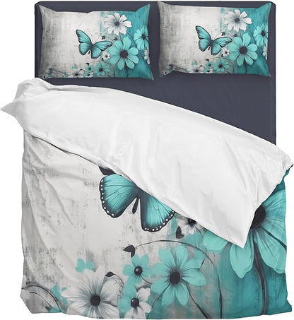 Butterfly Flowers Comforter Sets Queen Size, Vintage Floral Butterfly Kids Bedding Sets for girls Teens 3 Piece Bedroom Decor