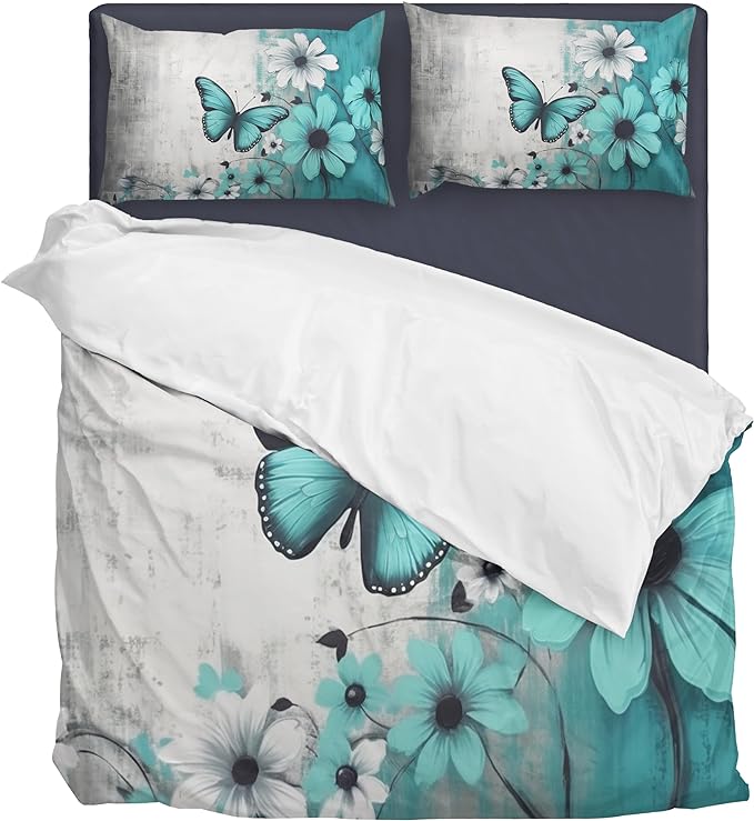 Butterfly Flowers Comforter Sets Full Size, Vintage Floral Butterfly Kids Bedding Sets for girls Teens 3 Piece Bedroom Decor