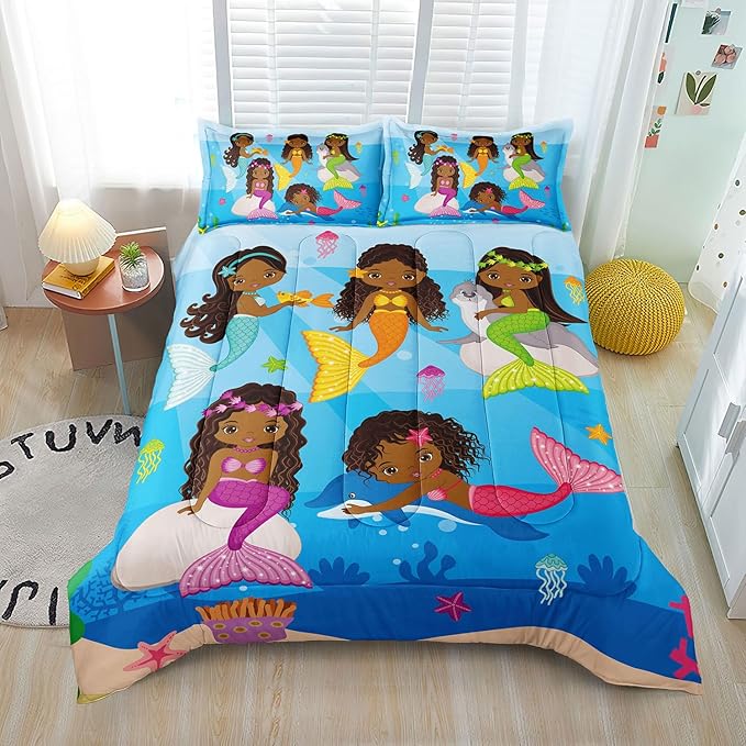 Little Mermaid Bedding, Black Girl Comforter Set Twin Size, Black Mermaid Bedroom Decor for Girls, Princess Twin Bed Set for Kids Teens with 1 Comforter and 2 Pillow Cases
