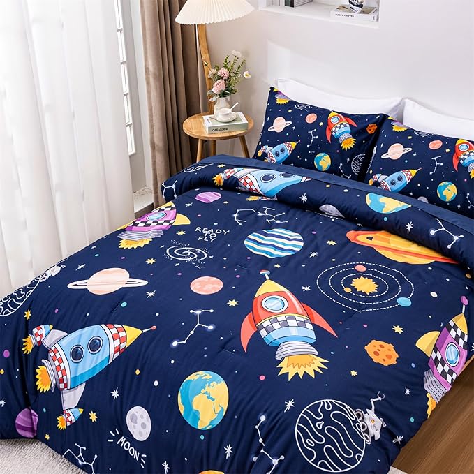 Aimuan Space Comforter Twin Set Kids Rocket Bedding Set Super Soft & Cute Aliens UFO Printed for Boys Girls Teen (Navy, Full 5Pcs)