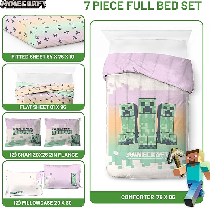 Minecraft Creeper Full Comforter Set - 7 Piece Bedding includes Sheet Set & Pillow Covers - Super Soft Pink & Green Kids Bedding