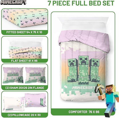 Minecraft Creeper Full Comforter Set - 7 Piece Bedding includes Sheet Set & Pillow Covers - Super Soft Pink & Green Kids Bedding