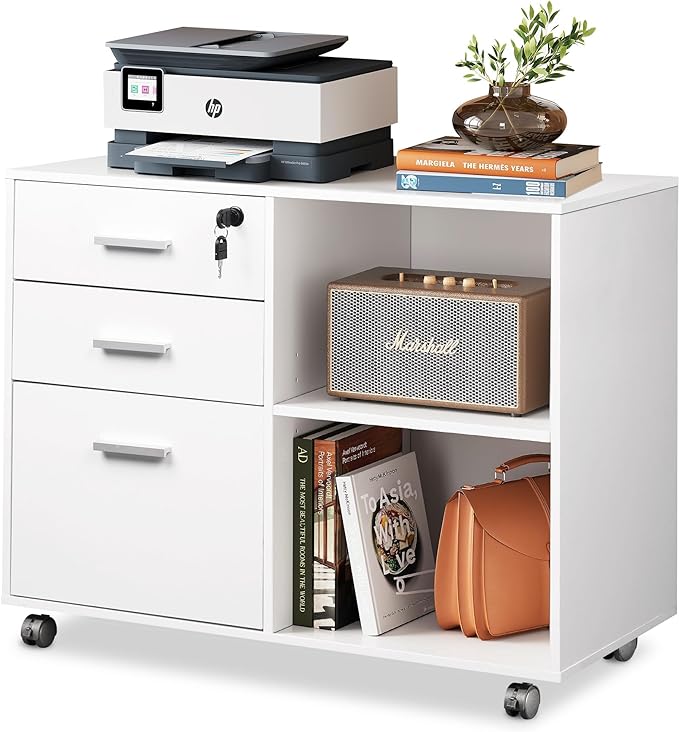 DEVAISE 3-Drawer Wood File Cabinet with Lock, Mobile Lateral Filing Cabinet, Printer Stand with Open Storage Shelves for Home Office, White