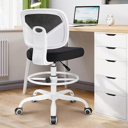 Primy Office Drafting Chair Armless, Tall Office Desk Chair Adjustable Height and Footring, Mid-back Ergonomic Standing Desk Chair Mesh Rolling Tall Chair for Art Room, Office or Home(White)