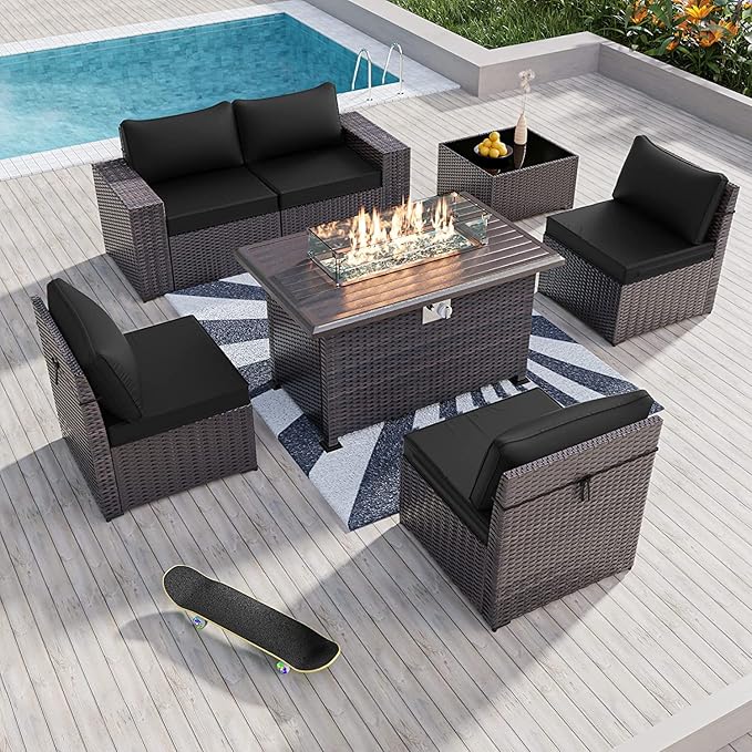 Kullavik 7 Pieces Outdoor Patio Furniture Set with 43" 55000BTU Gas Propane Fire Pit Table PE Wicker Rattan Sectional Sofa Patio Conversation Sets