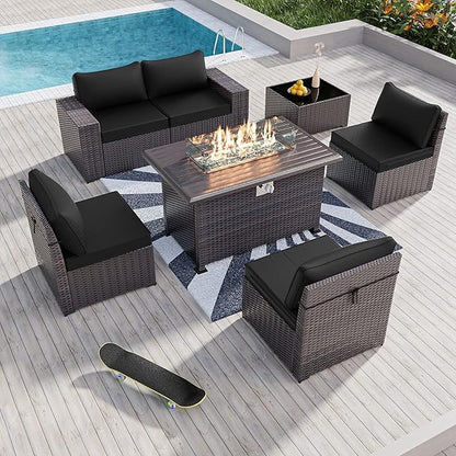Kullavik 7 Pieces Outdoor Patio Furniture Set with 43" 55000BTU Gas Propane Fire Pit Table PE Wicker Rattan Sectional Sofa Patio Conversation Sets