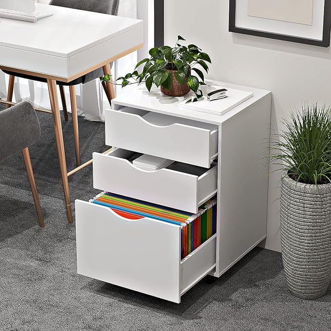 3 Drawers Storage Cabinet, Wooden Mobile Filing Cabinet for Mini Printer Stand, with Lockable Casters, for Home Office (3-Drawers, White)