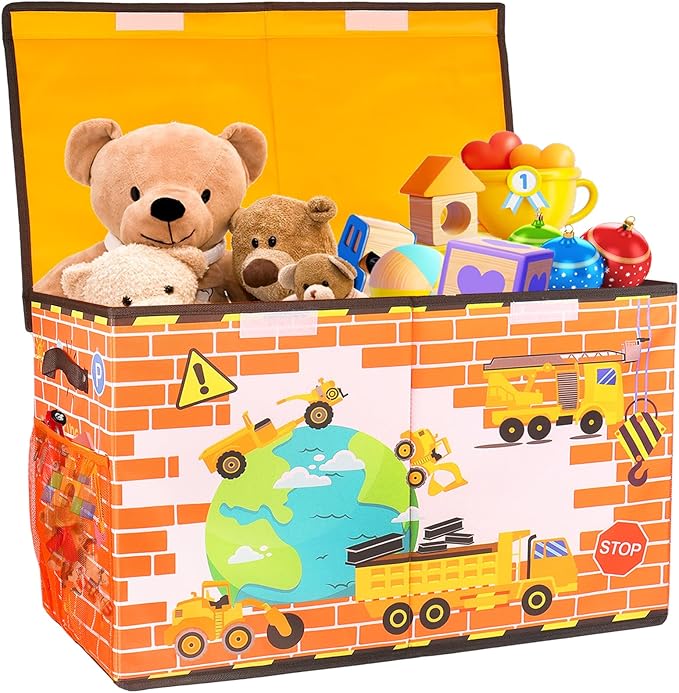 Large Toy Box Chest, Collapsible Sturdy Toy Storage Organizer for Kids, Boys, Girls, 25"x13"x16" Toy Chest Storage Bins with Lids Toy Bins Baskets Boxes for Living Room, Playroom, Nursery, Orange