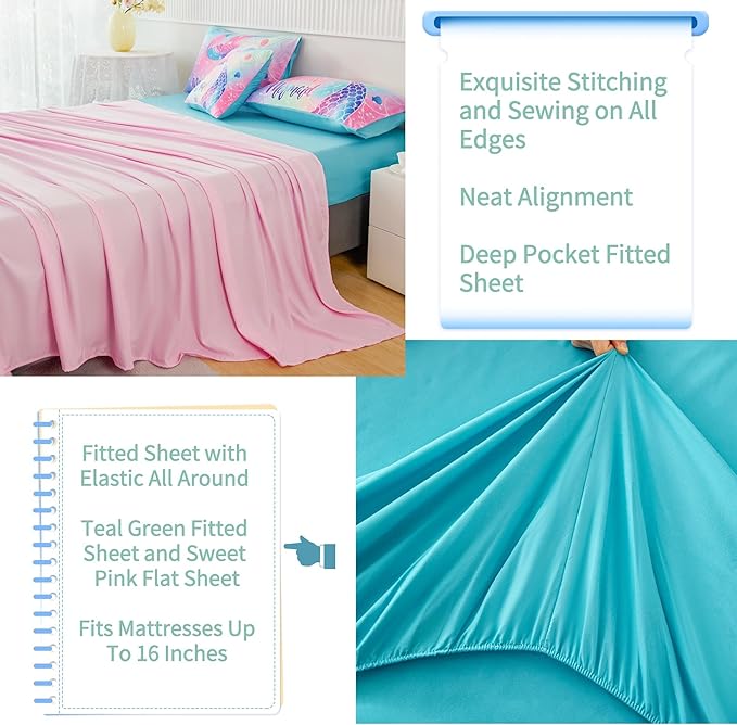 RYNGHIPY Mermaid Full Girls Bedding Set, Colorful Rainbow Kids Girls Comforter Set with Sheets Soft and Lightweight, 6 Pieces Teen Girls Bed in a Bag