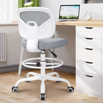 Primy Office Drafting Chair Armless, Tall Office Desk Chair Adjustable Height and Footring, Mid-back Ergonomic Standing Desk Chair Mesh Rolling Tall Chair for Art Room, Office or Home(Gray)