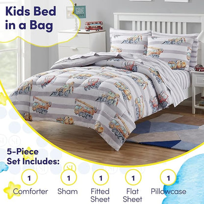 Kids Bedding Set Bed in a Bag for Boys and Girls Toddlers Printed Sheet Set and Comforter , Twin, Trucks