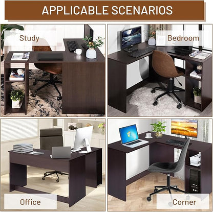 FurnitureR 47.2-Inch L-Shaped Computer Desk Home Office Study Writing Corner Gaming Table Retro Design Work Station Space-Saving for Study Room Bedroom, Brown