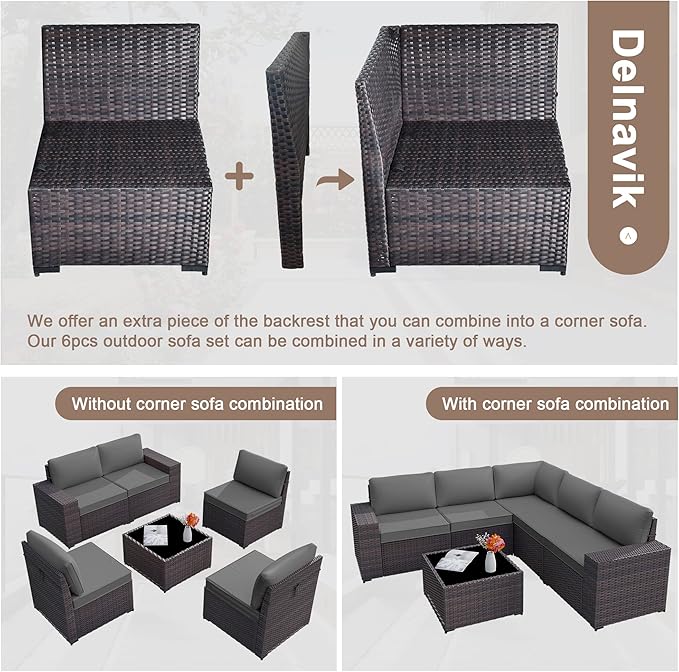 Patio Furniture Set Sofa 6-Piece Wicker PE Rattan Sectional Sofa Set, Outdoor Furniture Patio Conversation Set with Glass Coffee Table, Grey