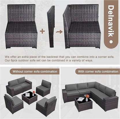 Patio Furniture Set Sofa 6-Piece Wicker PE Rattan Sectional Sofa Set, Outdoor Furniture Patio Conversation Set with Glass Coffee Table, Grey